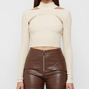 Manière De Voir | HIGH NECK RIBBED CROP TOP, BEIGE